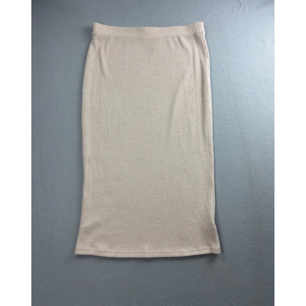 SO Womens XL Beige Peach Ribbed Knit Midi Skirt Elastic Waist Stretchy